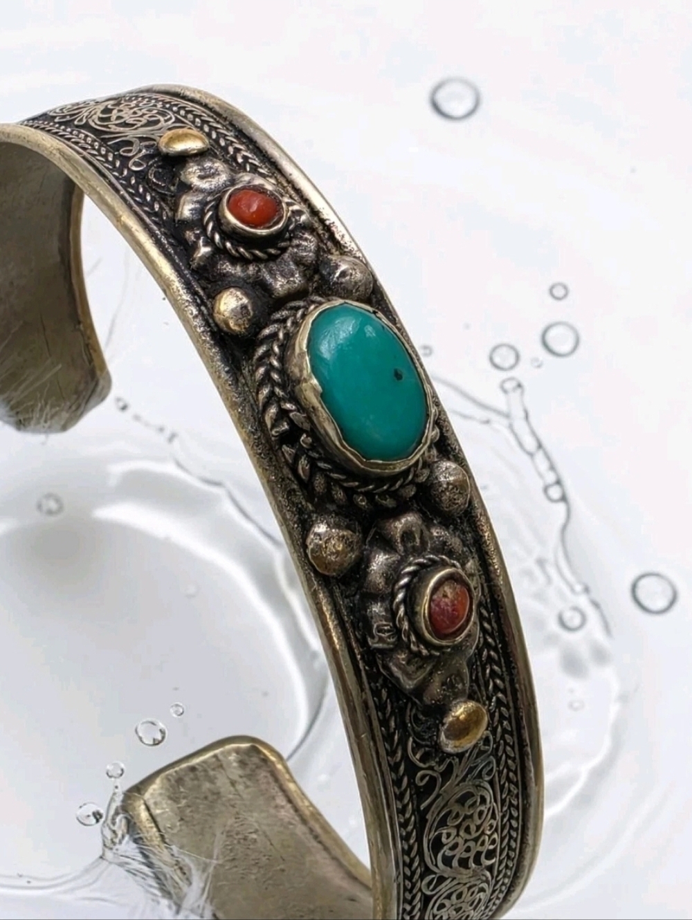 Tibetan Nepalese Hidden Dragon Cuff Bracelet Turquoise Coral Filigree Silvertone
